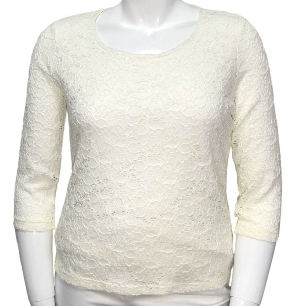 Chicos Size 1 US 8 Apparel Lacey Lace Top 3/4 Sleeve Lightweight NEW